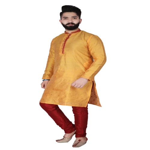 Pro-Ethic Style Developer Yellow Silk Printed Kurta & Churidar Pyjama Set For Men
