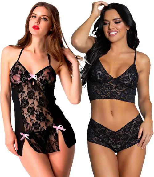 PHALIN Women Black Self Design Net, Lace, Poly Satin Pack Of 2 Babydoll (Free Size)