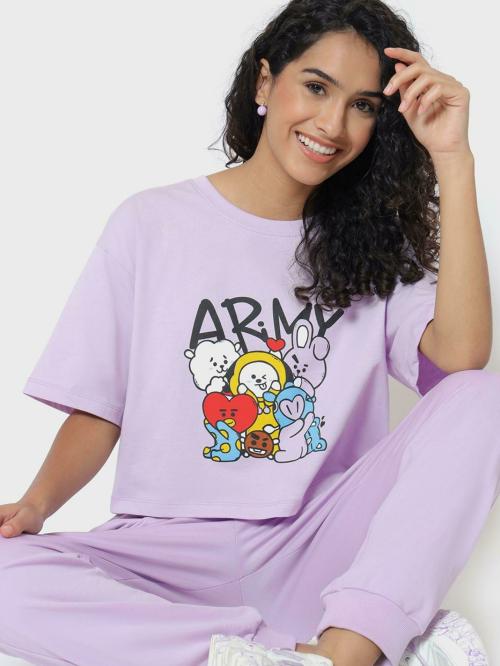 Bewakoof Women's Purple BTS Army Graphic Printed Round Neck Short Sleeve Oversized T-shirt