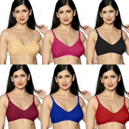 Hothy Women Red Cotton Blend Pack Of 6 Non Padded Bra (36A)