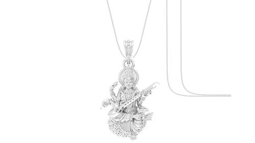 Akshat Sapphire Pure Silver Goddess Saraswati Maa Pendant With Chain Suitable For Men and Women