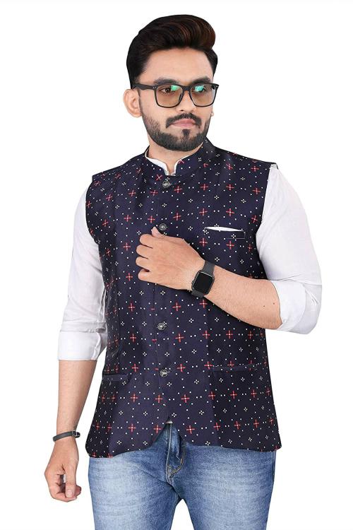 Hirvi Creation Men Navy Blue Floral Acrylic Nehru Jacket - M