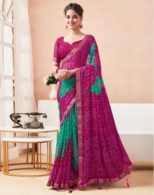 Siril Chiffon Turquoise & Magenta Color Saree with Blouse piece