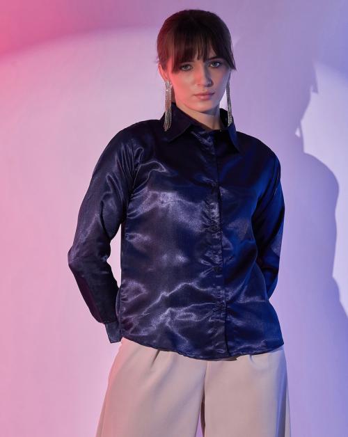 Buynewtrend Navy Regular Fit Women's Lustrous Full Sleeve Satin Formal Shirts |Chic Comfort Shirt