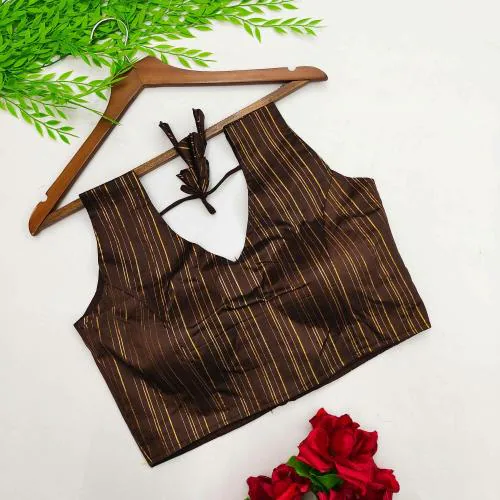 Owee Women Brown Striped Cotton Silk Casual V Neck Blouse