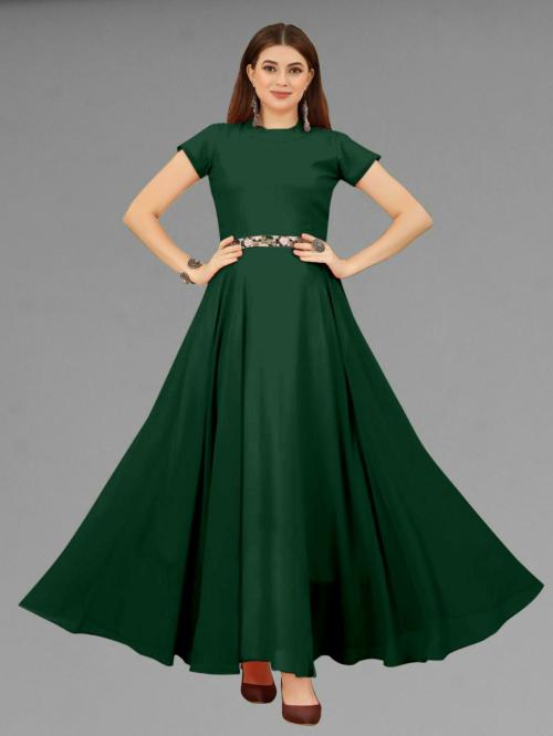 FEMVY Women Green Embroidered Georgette Anarkali Gown Dress (M)