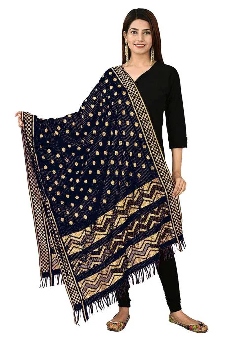 Kemza Women's Zari Worked Soft Silk Dupatta (Black) with Polka Dot Pattern