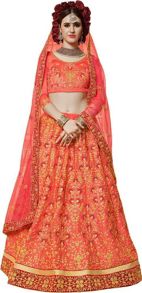 Sainoor Women Free Size Gold,Pink Embroidered Satin Blend Lehenga Choli Set