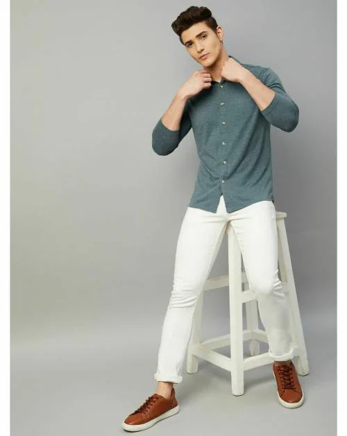 Gritstones Men Dark Green Color Full Sleeve Cotton Blend Plain Summer Shirts