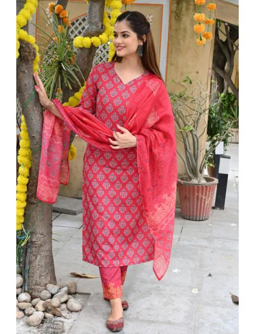 GoSriKi Damen Kurta Set Viskose - Indisches Outfit Mit Hose & Dupatta