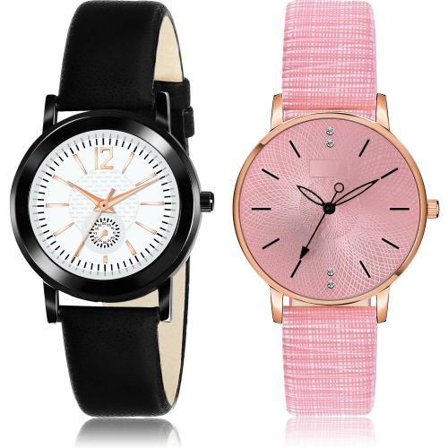 GROOT Latest Chronograph Simple And Girls Watch Black And Pink Colour Analog Genuine Leather Belt 2 Watch Combo For Women And Girls - GW9-GM314