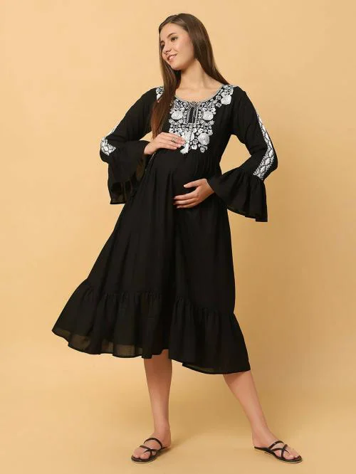 Aanyor Women Black Embroidered, Floral Cotton Tie-Up Neck Bell Sleeve Maternity Fit And Flare Midi Dress (Xl)