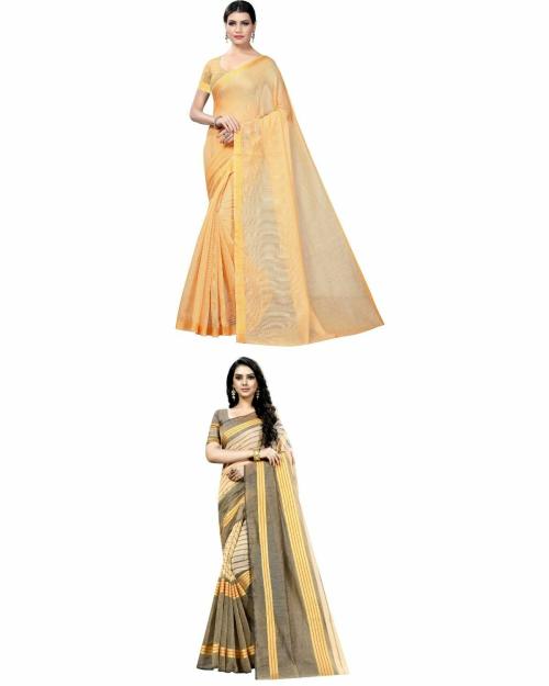 Vkaran Women's Beige & Chickoo Colour Cotton Silk Saree With Blouse pack of 2