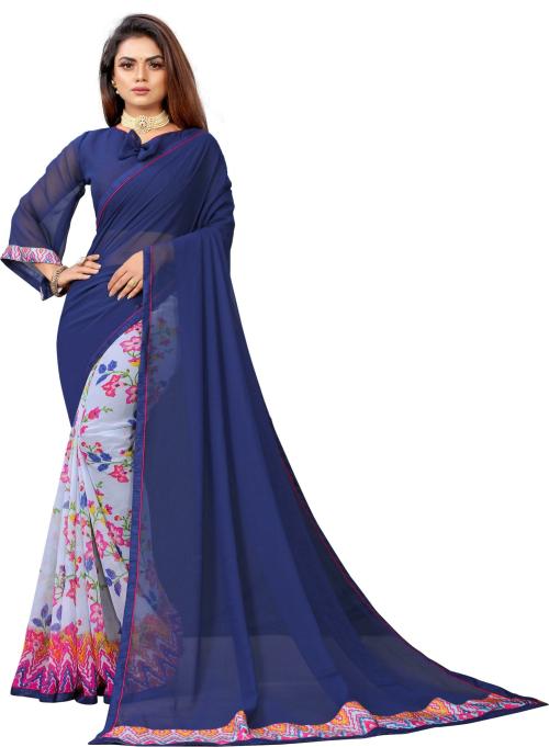 IMPRESSION FAB Women Blue Printed Georgette Half And Half Saree (Free Size)