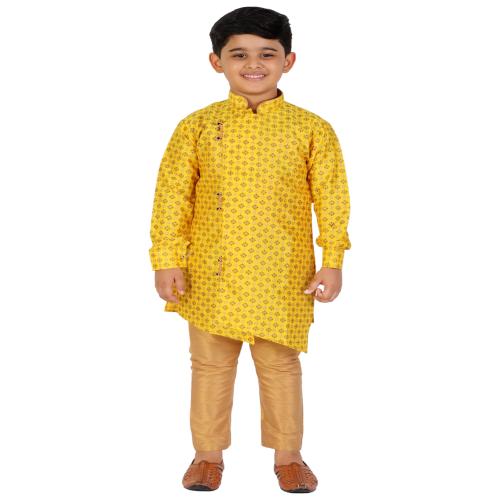 Pro-Ethic Style Developer Yellow Jacquard Silk Cut Kurta Pajama Set For Kids