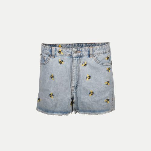 Rad Prix Women Light Blue Embroidered Denim shorts with Honey bee