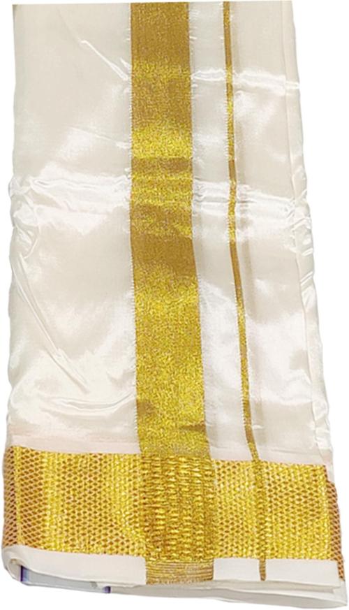 Abaranji Men White Pure Silk Dhoti (Free) - Gold Zari Border