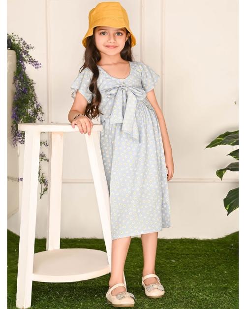 Lilpicks Floral Printed Front Knot Tie Up Fit n Flare Girls Dress
