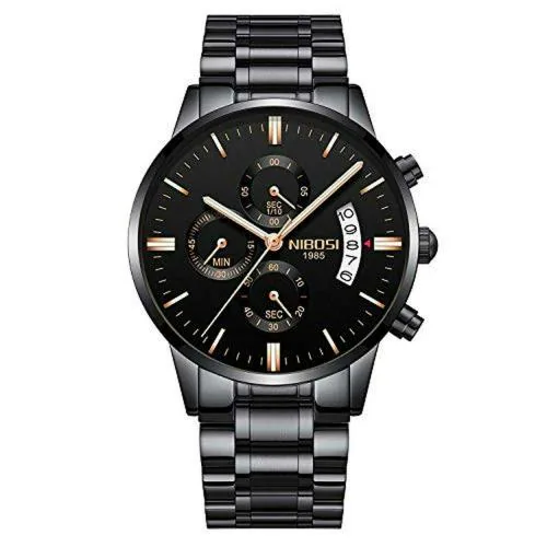 NIBOSI Urbane Casual Dress Chronograph Military Quartz IP Black Stainless Steel Band Men's Watches