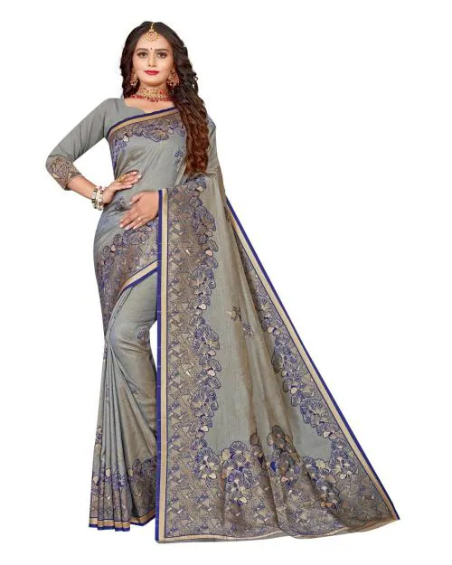 Tigdi Vasstra Women's Fancy Heavy Copper Zari Work Silk Saree #C035 Grey