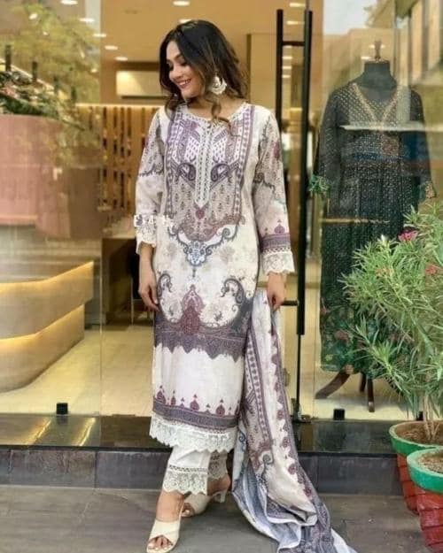 Spyrom Women Ethnic Kurti Set| Elegance Kurtis & Pants,Dupatta for Women-Ethnic Motifs Embroidered Regular Thread Work Kurta with Trousers & Dupatta-Off White Kurta Pant Aet with Dupatta-1Pair (Size-L)