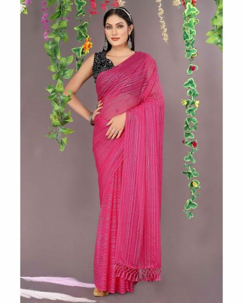 VKARAN Womrn's Pink Lycra Sequence and Latkan Work Striped Saree With BlouseCasual Wear Art Silk Saree For Women | Cotton Saree | Latest