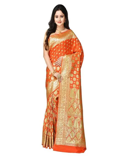Naeusa Designer Half & Half (Patli) Banarasi Satin Silk Saree (Orange) Colour with Blouse for Womens