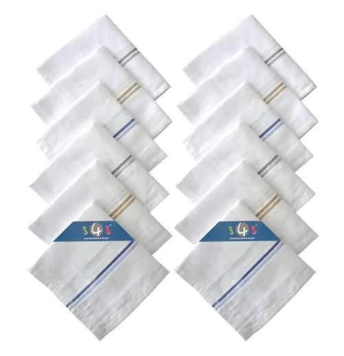 S4S 100% Cotton Pack of 12 Handkerchiefs Hanky For Men, White Striped, Large Size