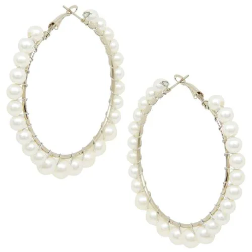 Fresh Vibes White Pearls Big Size Fancy & Stylish Round Big Hoop Earrings for Girls (5cm) - Western Look Large Size Simple Circle Pearl Loops Casual Earrings for Women