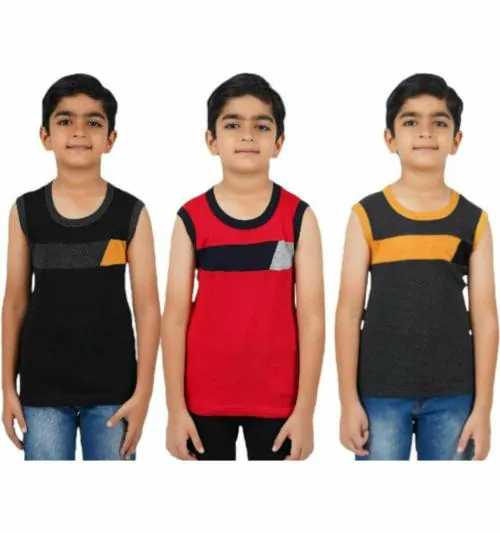 Metro Stitch Boys Black, Red, Charcol Melange Self Design Cotton Pack Of 3 Vest (8-9 Years)