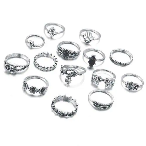 Young & Forever Mothers Day Gifts Boho Gypsy Vintage Retro Style Silver Carved Midi Rings For Girls Stylish Set Of 14
