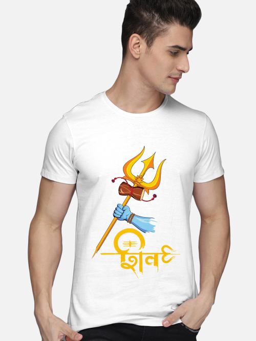 BLISSINK SHIVA Trishul Printed White Cotton Tshirt for Men