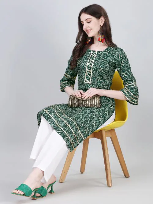 Modestouze Attires Women's Foil Printed Bandhni Design Cotton Blend Knee Length Kurti (Green)