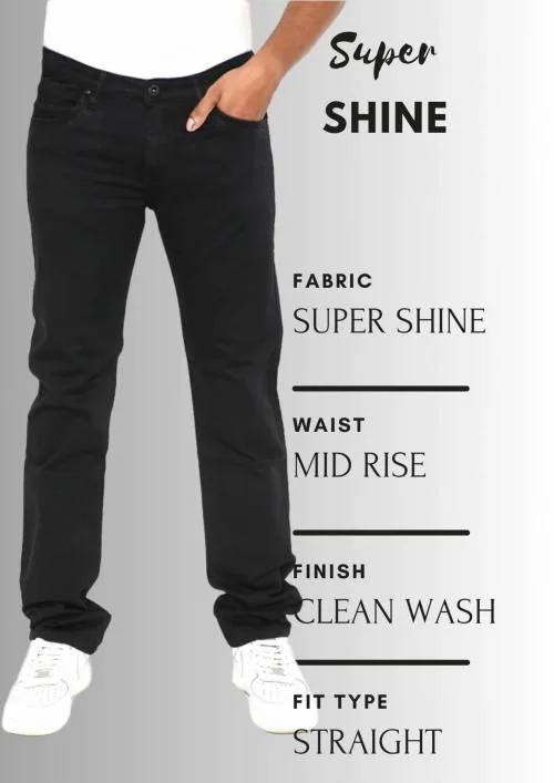 SCOTLANE Super Shine Black Denim for Men | Clean Wash | Mid Rise | Straight Fit | Ultra Soft Shining Fabric