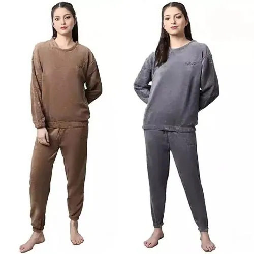 Ukal Combo Pack of 2 Women's Wool Blend & Fleece Fur, core Full Length Winter wear Night suit Pyjama and top Set for Ladies Free Size (M-XL)