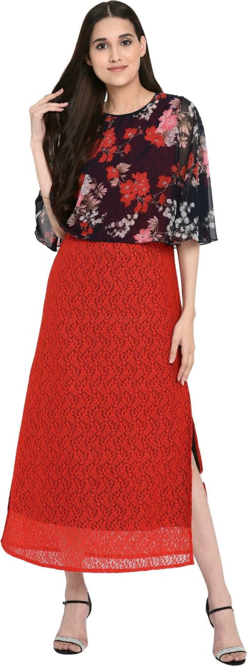 Buy Lilyn Women Red, White, Black Printed Cotton Blend ALine Dress (XL