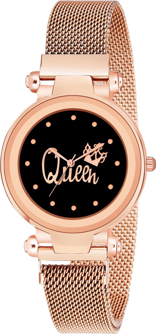 Maan International Analog Wrist Watch Black Dial Gold Strap for Women - (MAHNET-BLACK-QUEEN)