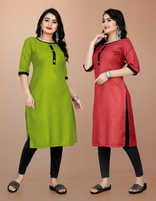 MIJAASHREE FASHION Women Parrot Green and Peach Solid Cotton Blend Pack of 2 Straight Kurta| L