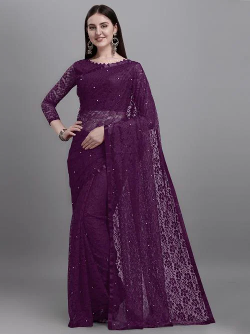 LOROFY Women Purple Net Saree