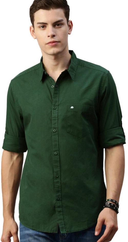 BRUCEWANE Men Dark Green Solid Pure Cotton Formal Shirt - XXL