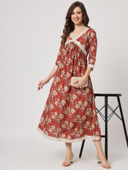 AMIRA'S INDIA ETHNIC WEAR Womens Viscose Silk Embroidered Flared Gown (Maroon & Beige)