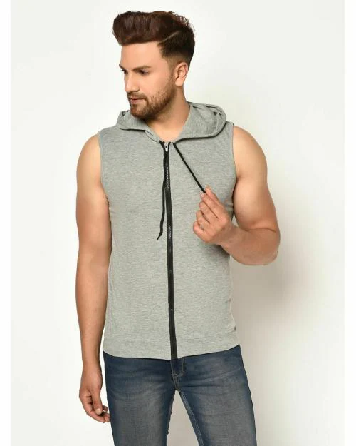 Glito Solid Grey Sleeveless Hoodie With Zipper T-shirts For Men's