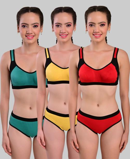 Yana Women Yellow, Green, Red Solid Cotton Blend Set Of 3 Bra And Panty (36)