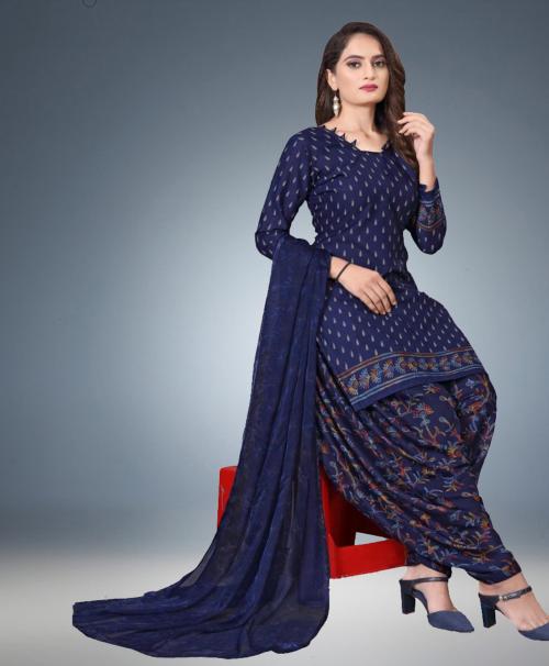 Iris Women Dark Blue Crepe Floral Print, Printed, Geometric Print Unstitched Salwar Suit Material - 3Idm