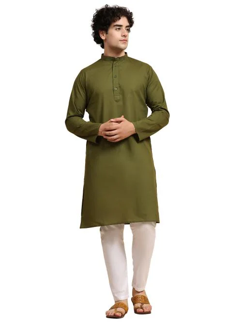 SKAVIJ Men's Tunic Cotton Kurta Pajama Indian Yoga Casual Dress Set (Large, Dark_Green)