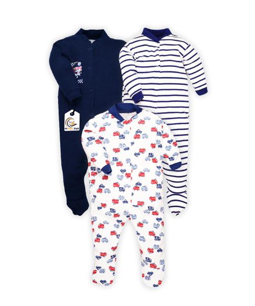 MYBABYTOWN BABY SLEEPSUIT ROMPER 100% Cotton Unisex Printed Multicolor Pack of 3 Rompers & Onesies 9-12 M RM-NAVY-C-9-12