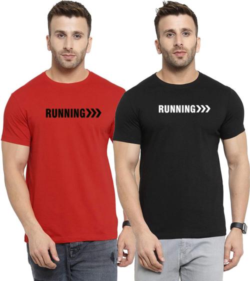 French Kleider Mens Black, Red Printed Cotton Blend Pack of 2 T-Shirt