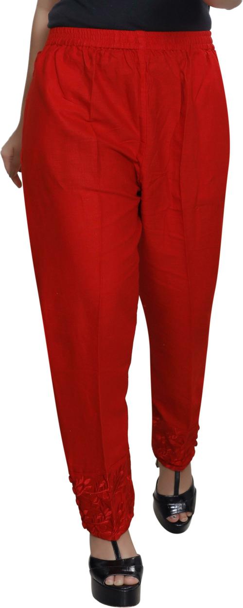 Ramp Bottoms Women Red Embroidered Cotton Linen Blend Palazzo (XXL)