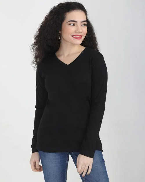 Fleximaa Women's Cotton Black V Neck Full Sleeve T-Shirt