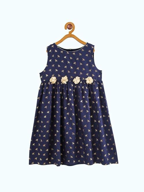 Miyo Baby-Girls Navy Blue And Gold Printed Cotton Dress(6-7Y)